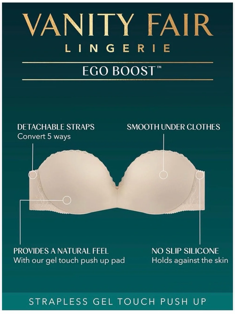 Vanity Fair Women's Gel Touch Padded Strapless Push Up Bra Beige Size 34C